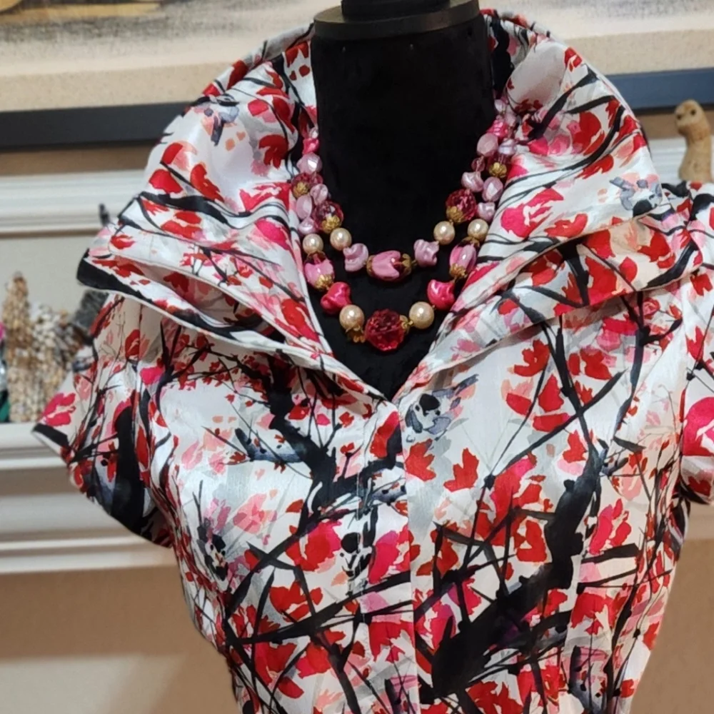 Samuel Dong Red White Cherry Blossoms Wired Double Collar Zip Front Dress - Picture 3 of 5